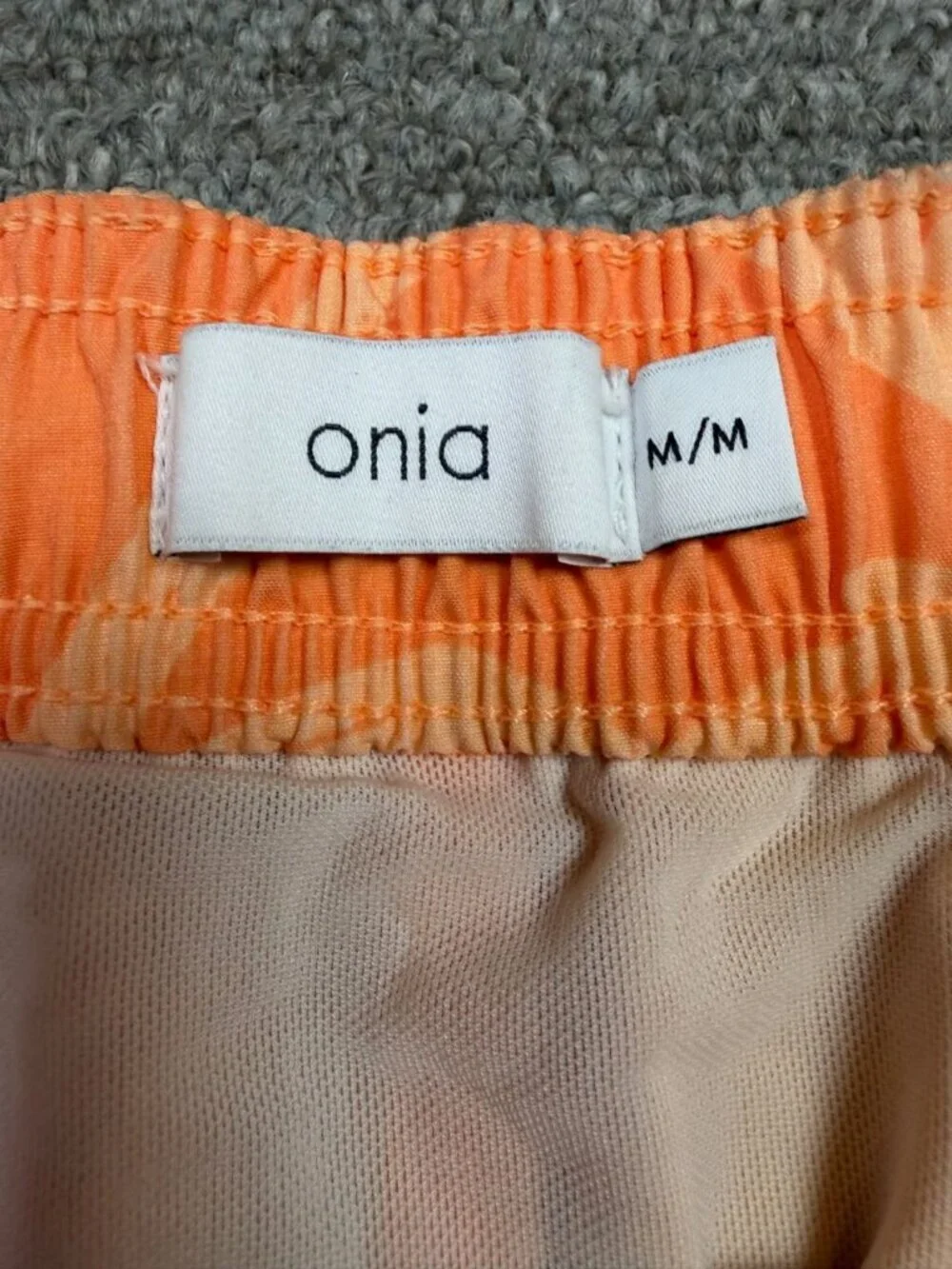 Onia Charles Swim Shorts Mens M Orange Tropical Print Lined Beach Vacation Trunk